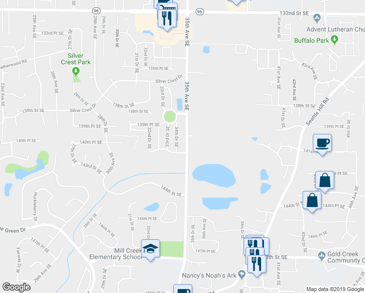 map of restaurants, bars, coffee shops, grocery stores, and more near 14031 34th Drive Southeast in Mill Creek