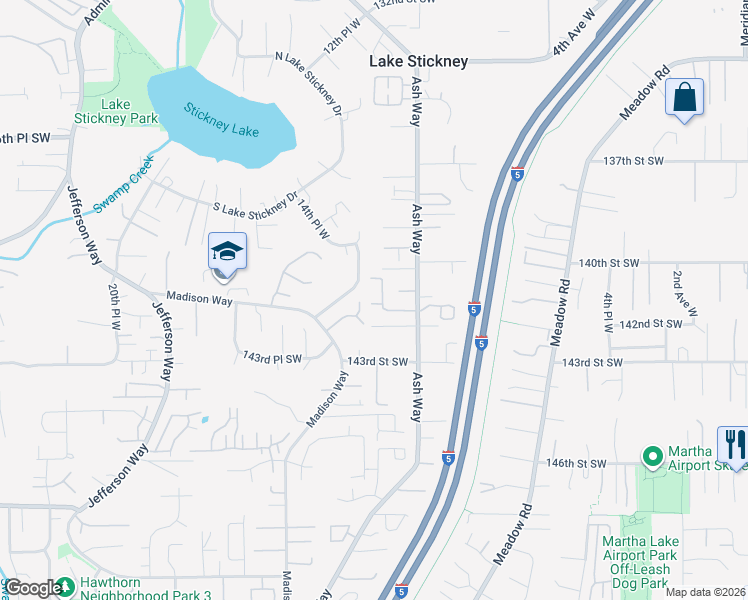 map of restaurants, bars, coffee shops, grocery stores, and more near 1224 142nd Street Southwest in Lynnwood
