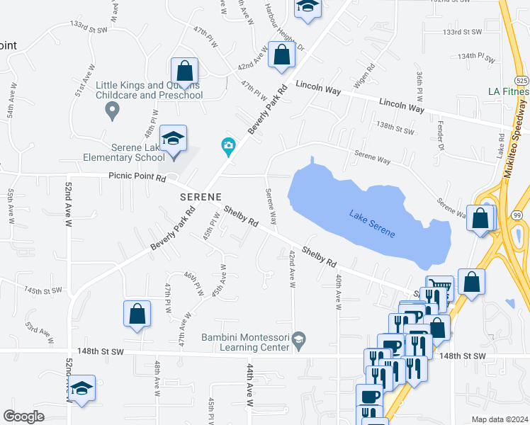 map of restaurants, bars, coffee shops, grocery stores, and more near 4315 Shelby Road in Lynnwood