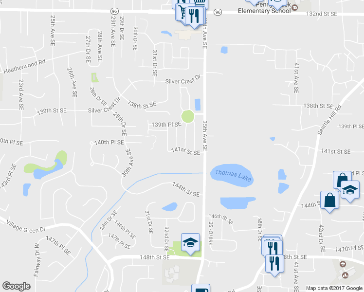 map of restaurants, bars, coffee shops, grocery stores, and more near 3311 141st Street Southeast in Mill Creek