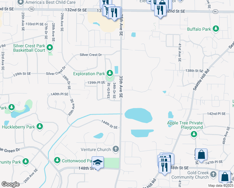 map of restaurants, bars, coffee shops, grocery stores, and more near 13921 34th Drive Southeast in Mill Creek
