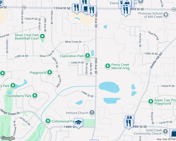 map of restaurants, bars, coffee shops, grocery stores, and more near 14019 33rd Drive Southeast in Mill Creek