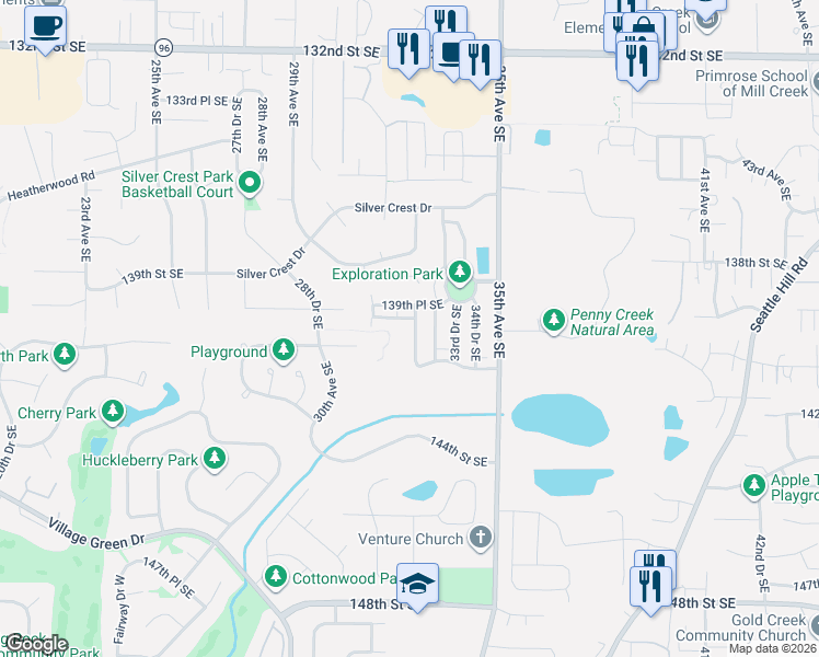 map of restaurants, bars, coffee shops, grocery stores, and more near 13921 32nd Drive Southeast in Mill Creek