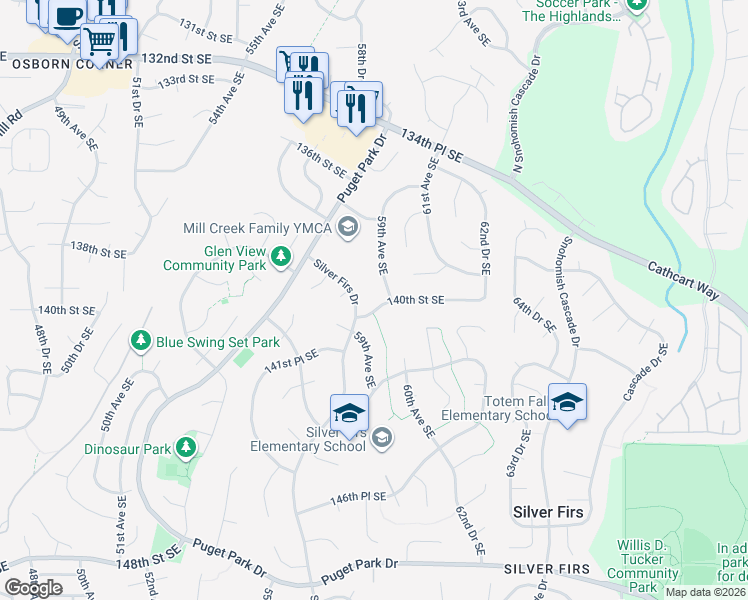 map of restaurants, bars, coffee shops, grocery stores, and more near 13828 59th Avenue Southeast in Everett
