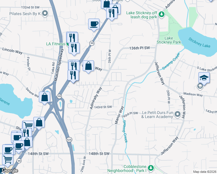 map of restaurants, bars, coffee shops, grocery stores, and more near 2625 140th Place Southwest in Lynnwood