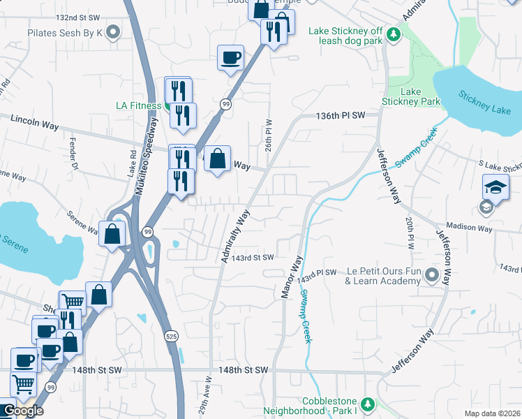 map of restaurants, bars, coffee shops, grocery stores, and more near 2625 140th Place Southwest in Lynnwood