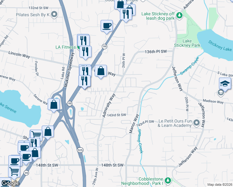 map of restaurants, bars, coffee shops, grocery stores, and more near 2625 140th Place Southwest in Lynnwood