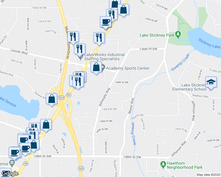 map of restaurants, bars, coffee shops, grocery stores, and more near 2625 140th Place Southwest in Lynnwood