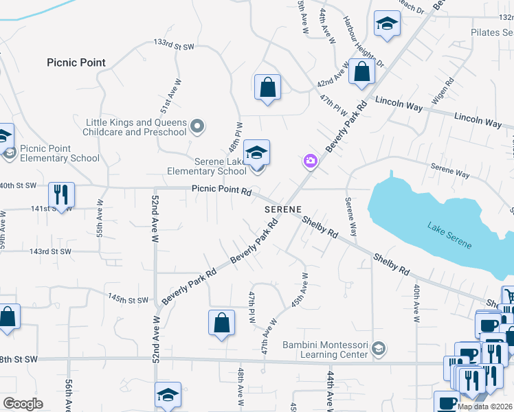 map of restaurants, bars, coffee shops, grocery stores, and more near 4726 Picnic Point Road in Edmonds