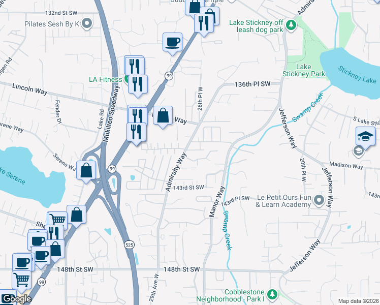 map of restaurants, bars, coffee shops, grocery stores, and more near 2625 140th Place Southwest in Lynnwood