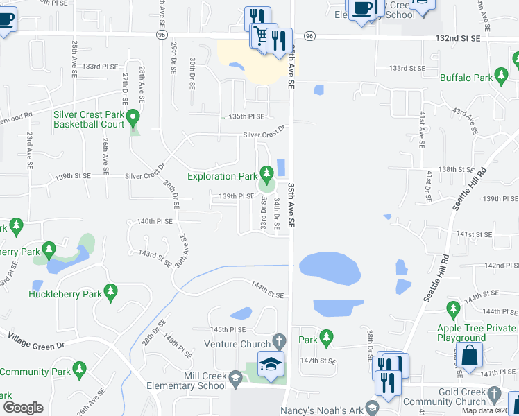 map of restaurants, bars, coffee shops, grocery stores, and more near 13924 33rd Drive Southeast in Mill Creek