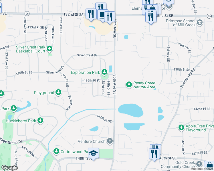 map of restaurants, bars, coffee shops, grocery stores, and more near 13919 33rd Drive Southeast in Mill Creek