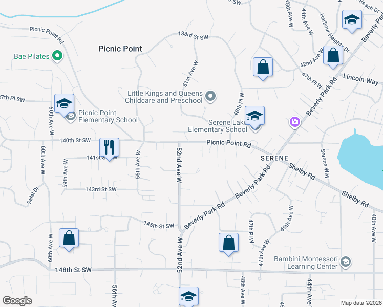 map of restaurants, bars, coffee shops, grocery stores, and more near 5112 Picnic Point Road in Edmonds