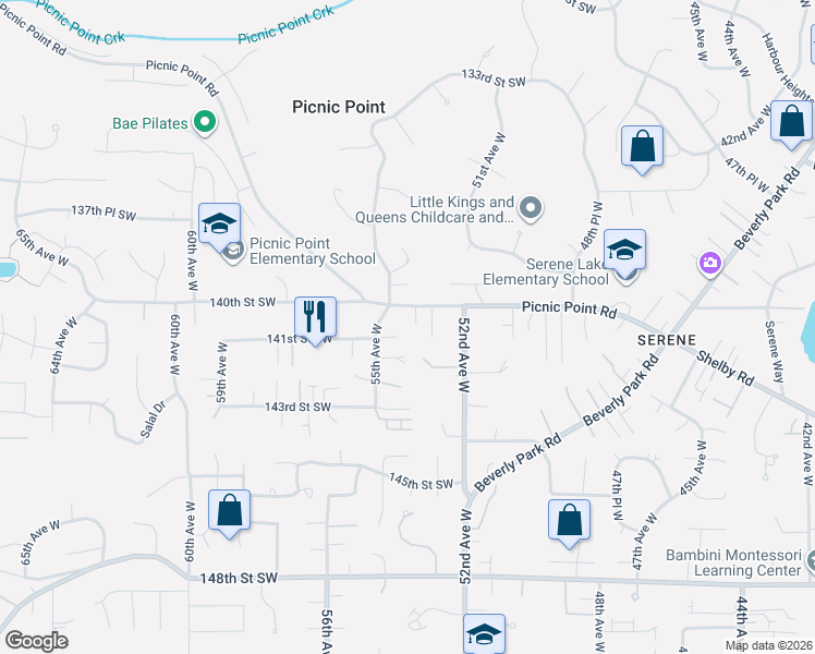 map of restaurants, bars, coffee shops, grocery stores, and more near 5308 Picnic Point Road in Edmonds