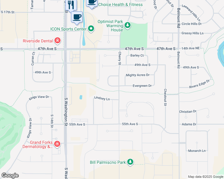 map of restaurants, bars, coffee shops, grocery stores, and more near 5198 S Pines Ct in Grand Forks