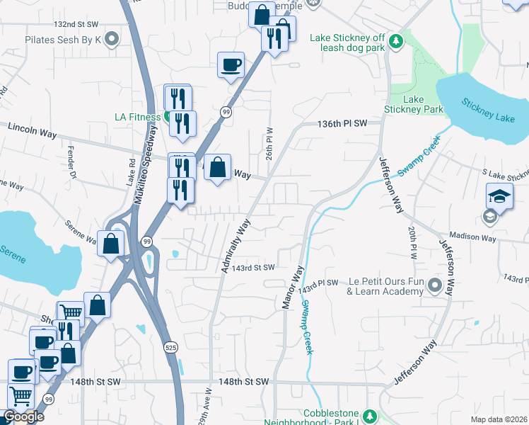 map of restaurants, bars, coffee shops, grocery stores, and more near 2625 140th Place Southwest in Lynnwood