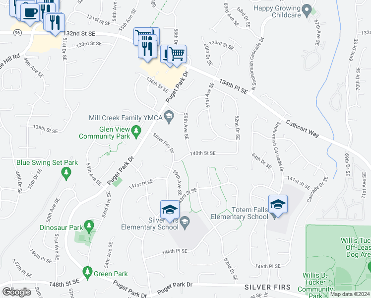 map of restaurants, bars, coffee shops, grocery stores, and more near 13828 59th Avenue Southeast in Everett