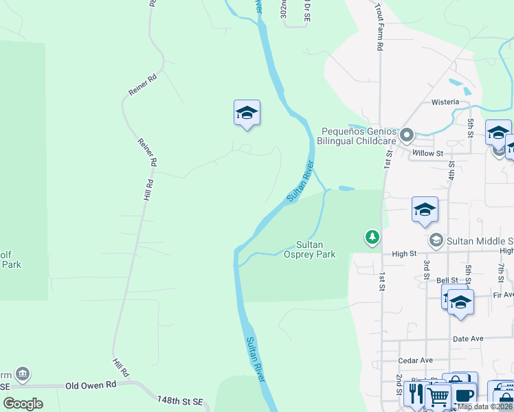map of restaurants, bars, coffee shops, grocery stores, and more near 13916 302nd Avenue Southeast in Monroe