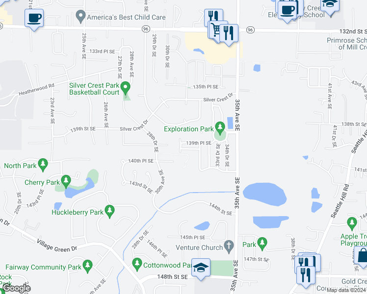 map of restaurants, bars, coffee shops, grocery stores, and more near 3106 139th Place Southeast in Mill Creek