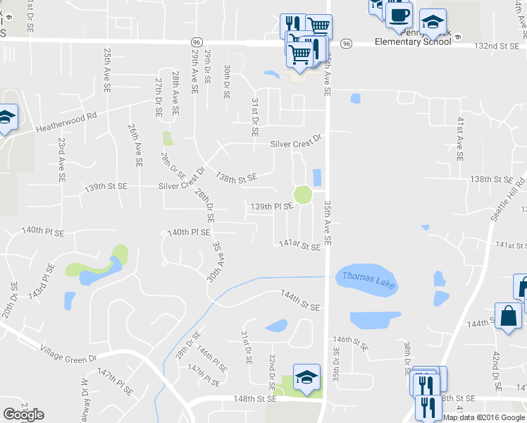 map of restaurants, bars, coffee shops, grocery stores, and more near 3106 139th Place Southeast in Mill Creek