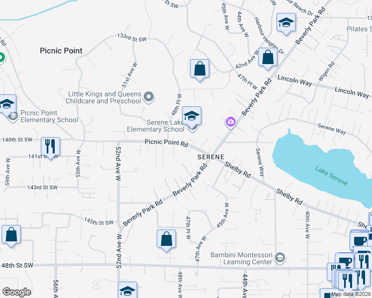 map of restaurants, bars, coffee shops, grocery stores, and more near 4726 Picnic Point Road in Edmonds
