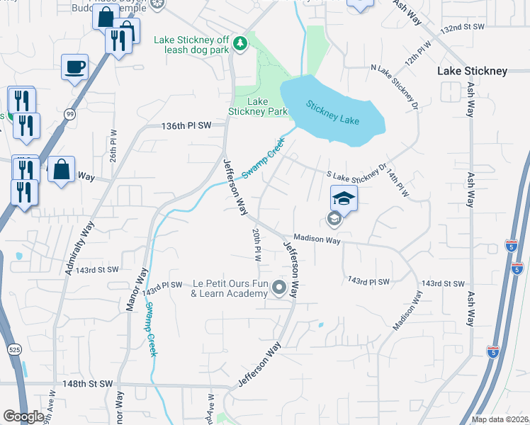 map of restaurants, bars, coffee shops, grocery stores, and more near 14005 20th Place West in Lynnwood