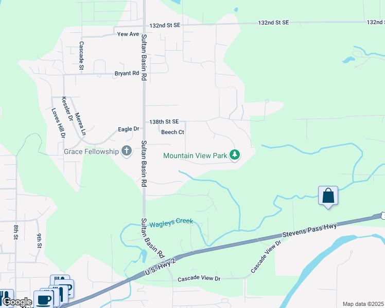 map of restaurants, bars, coffee shops, grocery stores, and more near 14009 Cedar Court in Sultan