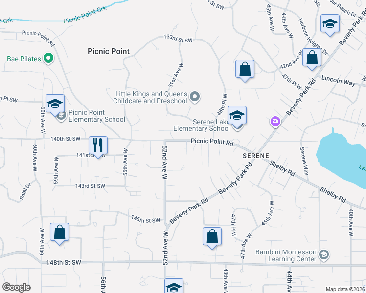 map of restaurants, bars, coffee shops, grocery stores, and more near 5110 Picnic Point Road in Edmonds