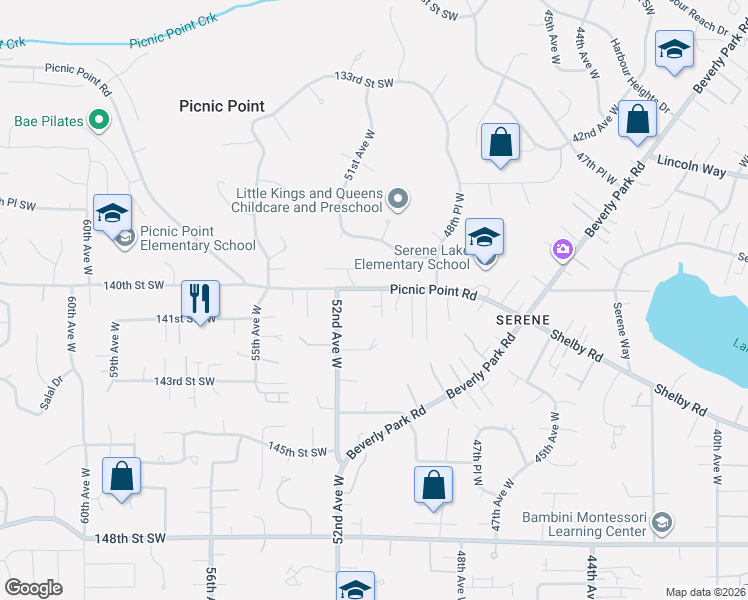 map of restaurants, bars, coffee shops, grocery stores, and more near 5110 Picnic Point Road in Edmonds