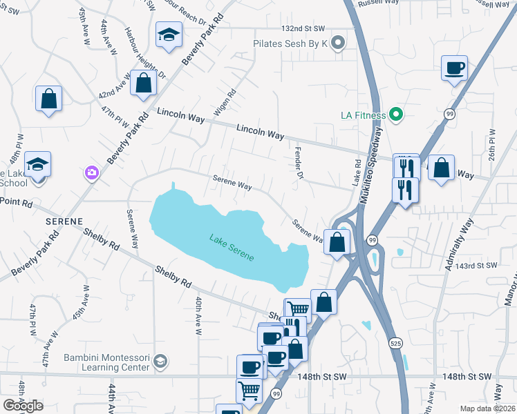 map of restaurants, bars, coffee shops, grocery stores, and more near 3618 Serene Way in Lynnwood