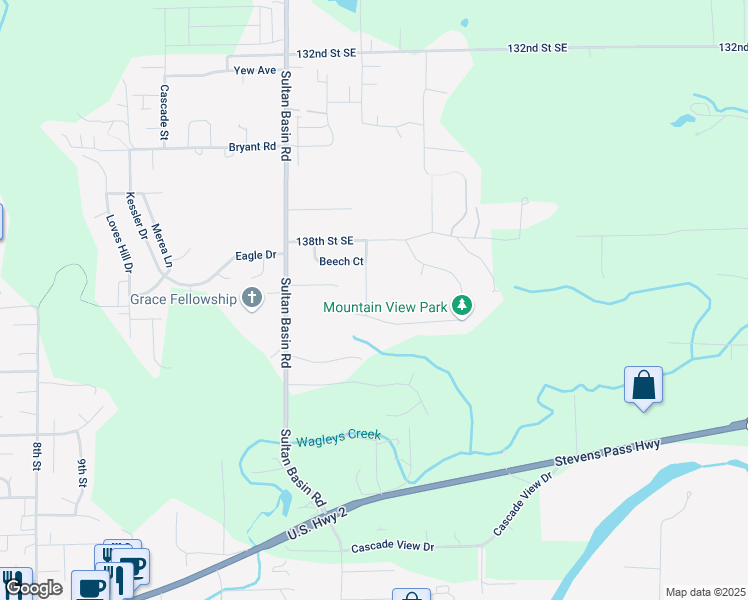 map of restaurants, bars, coffee shops, grocery stores, and more near 14009 Cedar Court in Sultan