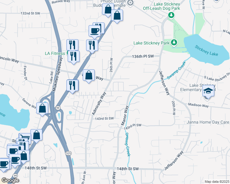map of restaurants, bars, coffee shops, grocery stores, and more near 2533 141st Street Southwest in Lynnwood