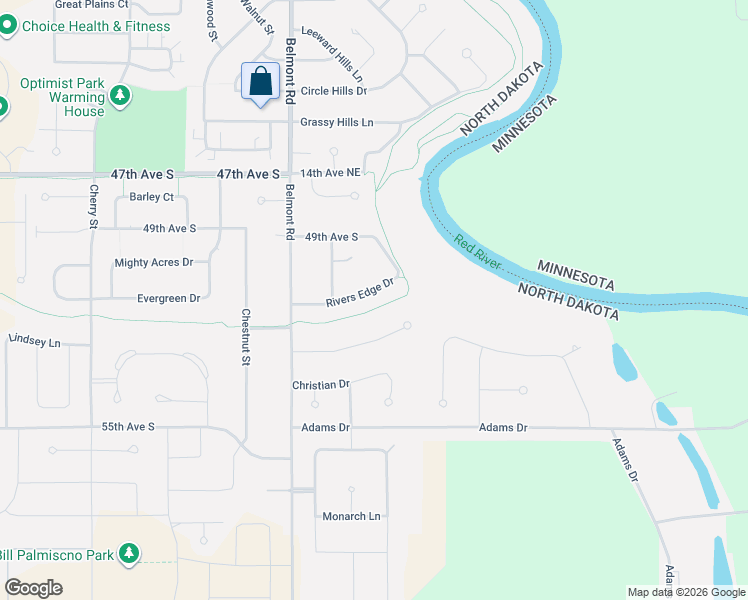 map of restaurants, bars, coffee shops, grocery stores, and more near 5197 Belmont Road in Grand Forks