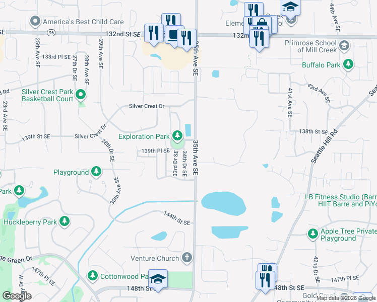 map of restaurants, bars, coffee shops, grocery stores, and more near 13919 34th Drive Southeast in Mill Creek