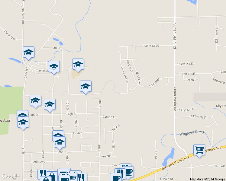 map of restaurants, bars, coffee shops, grocery stores, and more near High Street Trail in Sultan