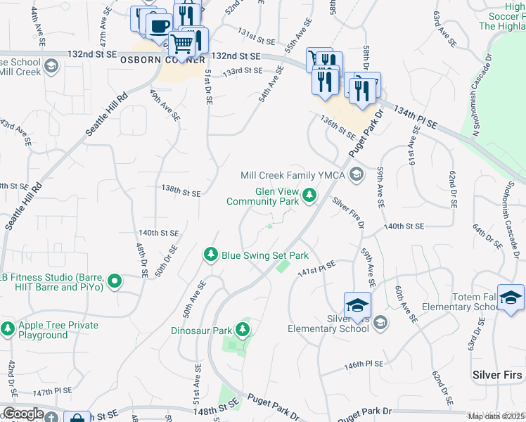 map of restaurants, bars, coffee shops, grocery stores, and more near 5416 139th Street Southeast in Everett