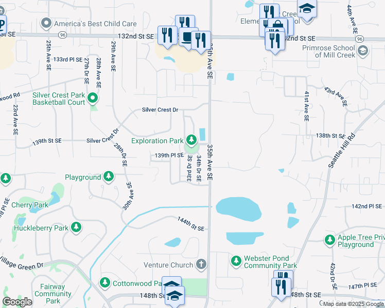 map of restaurants, bars, coffee shops, grocery stores, and more near North Point Circle in Mill Creek