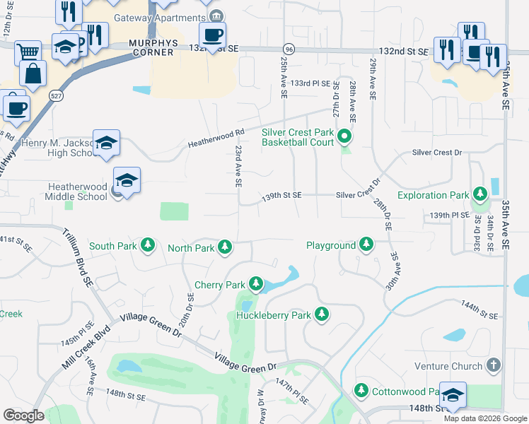 map of restaurants, bars, coffee shops, grocery stores, and more near 13915 23rd Drive Southeast in Mill Creek