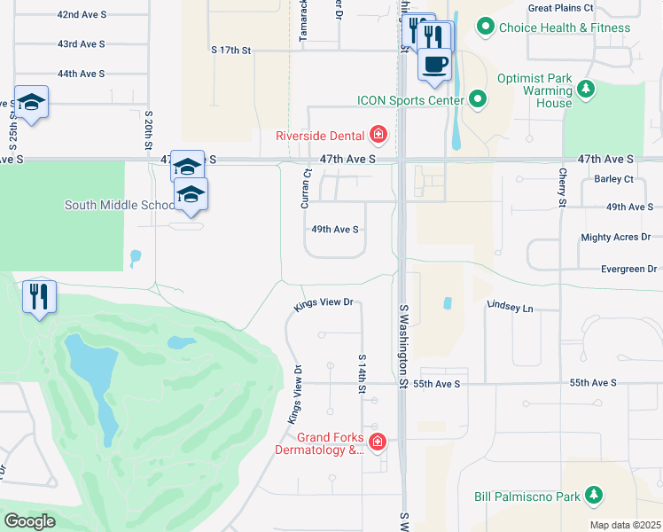 map of restaurants, bars, coffee shops, grocery stores, and more near 1440 Kings View Drive in Grand Forks