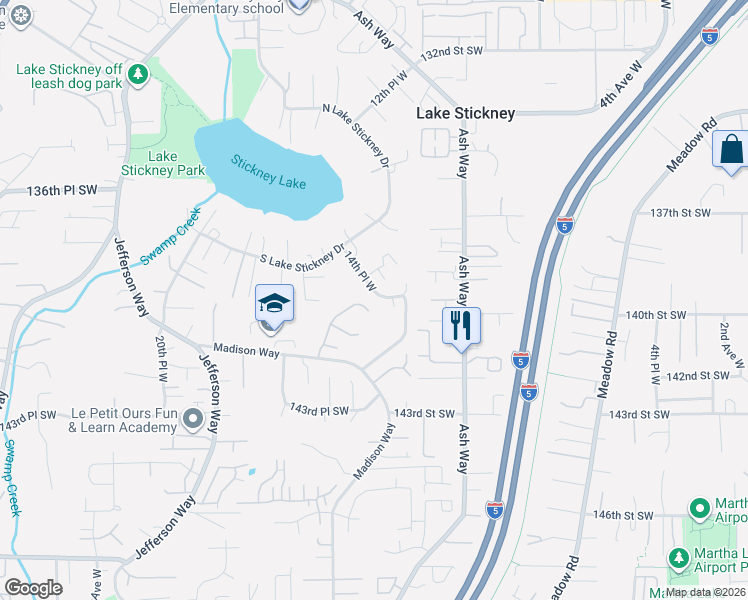 map of restaurants, bars, coffee shops, grocery stores, and more near 13920 14th Place West in Lynnwood
