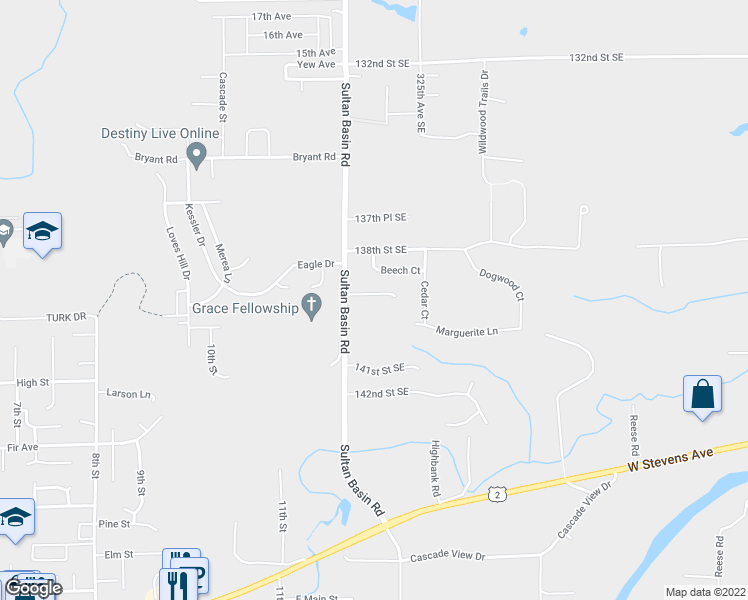 map of restaurants, bars, coffee shops, grocery stores, and more near 32316 139th Place Southeast in Sultan