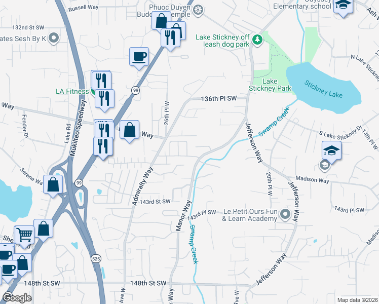 map of restaurants, bars, coffee shops, grocery stores, and more near 2418 140th Street Southwest in Lynnwood