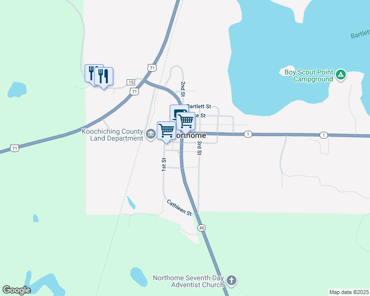 map of restaurants, bars, coffee shops, grocery stores, and more near 12254 2nd Street in Northome