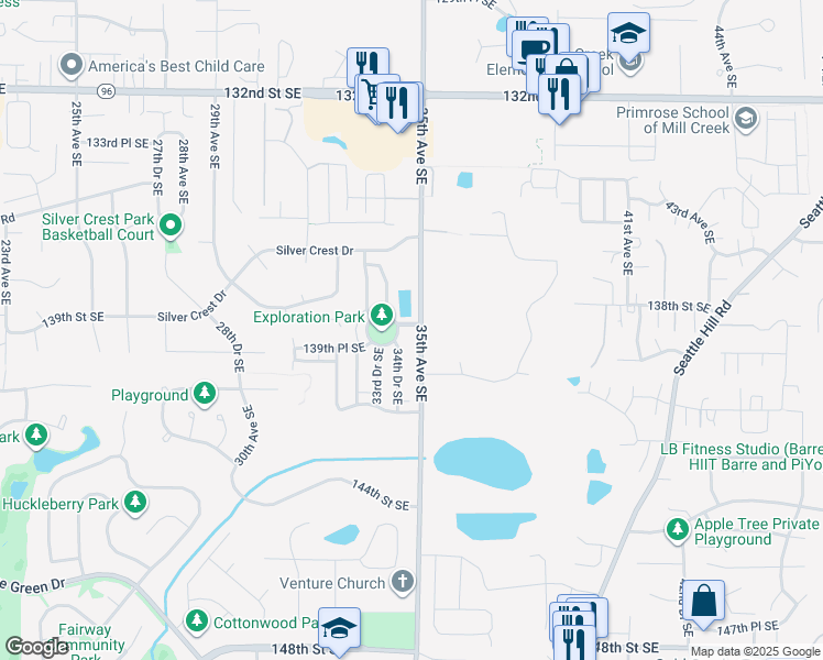map of restaurants, bars, coffee shops, grocery stores, and more near 13733 34th Avenue Southeast in Mill Creek