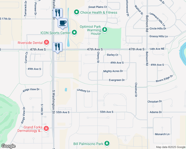 map of restaurants, bars, coffee shops, grocery stores, and more near 4902 S Pines Ct in Grand Forks