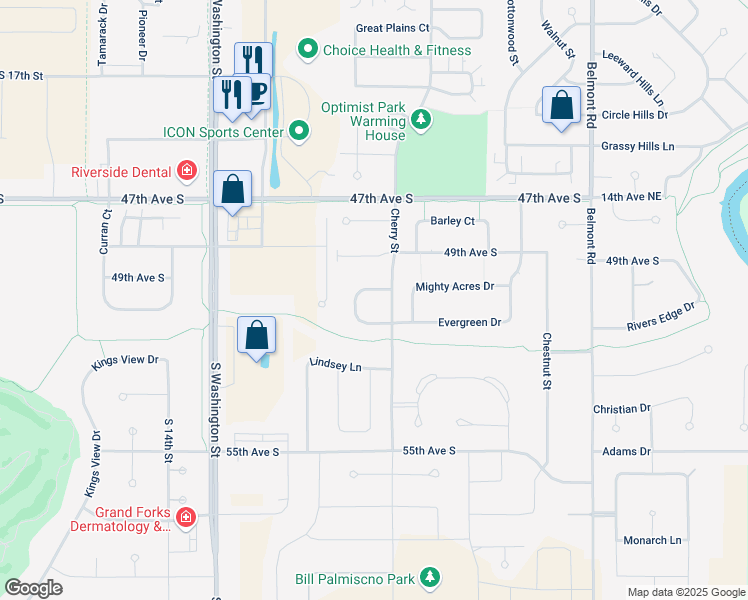 map of restaurants, bars, coffee shops, grocery stores, and more near 4902 S Pines Ct in Grand Forks