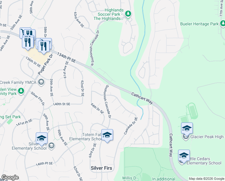 map of restaurants, bars, coffee shops, grocery stores, and more near 6521 Cascade Drive Southeast in Snohomish