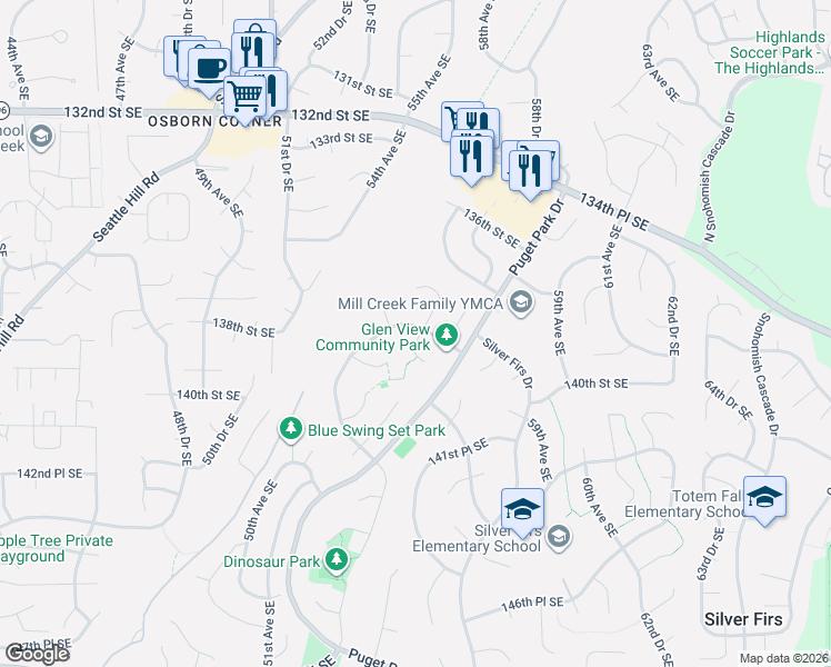 map of restaurants, bars, coffee shops, grocery stores, and more near 5513 138th Place Southeast in Everett