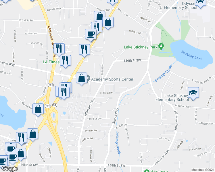 map of restaurants, bars, coffee shops, grocery stores, and more near 2517 139th Street Southwest in Lynnwood