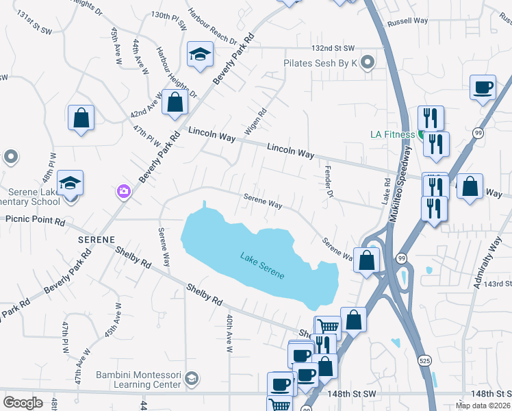 map of restaurants, bars, coffee shops, grocery stores, and more near 3905 Serene Way in Lynnwood